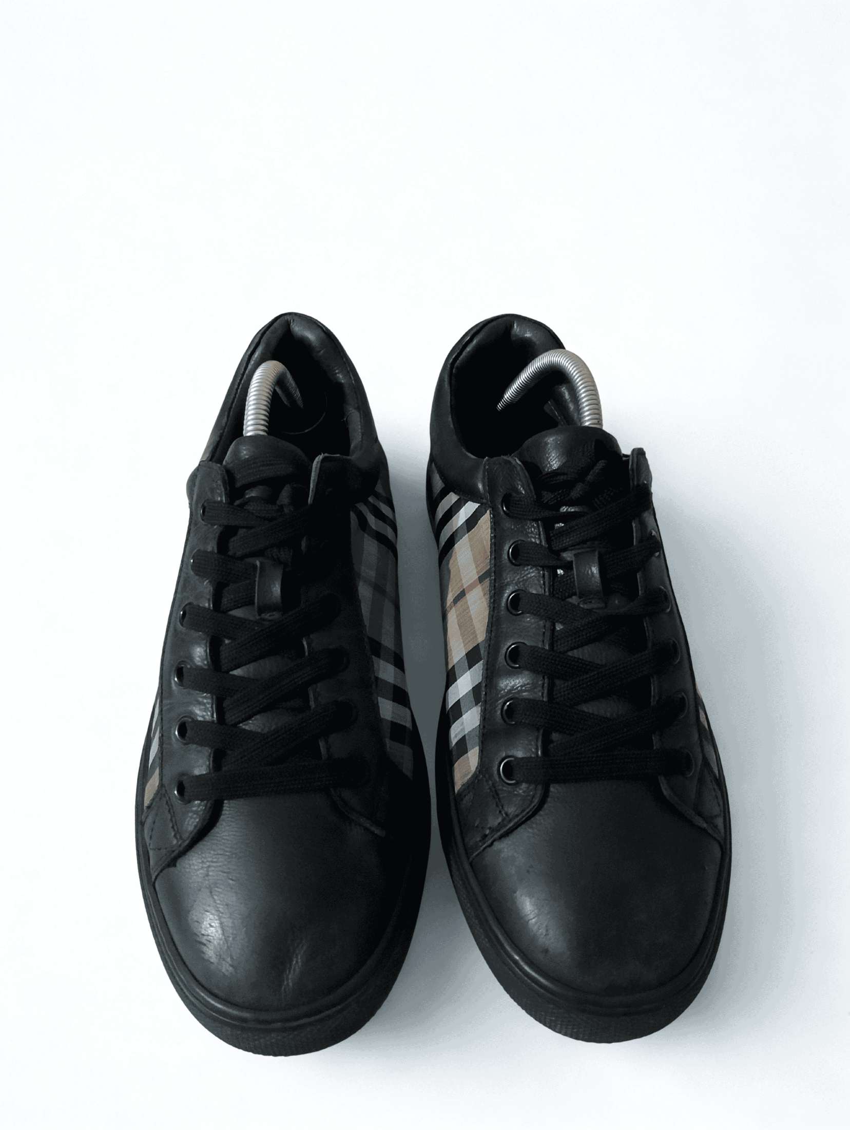 Men’s Black Leather Check Design Casual Shoes – Comfortable Lace-Up Sneakers