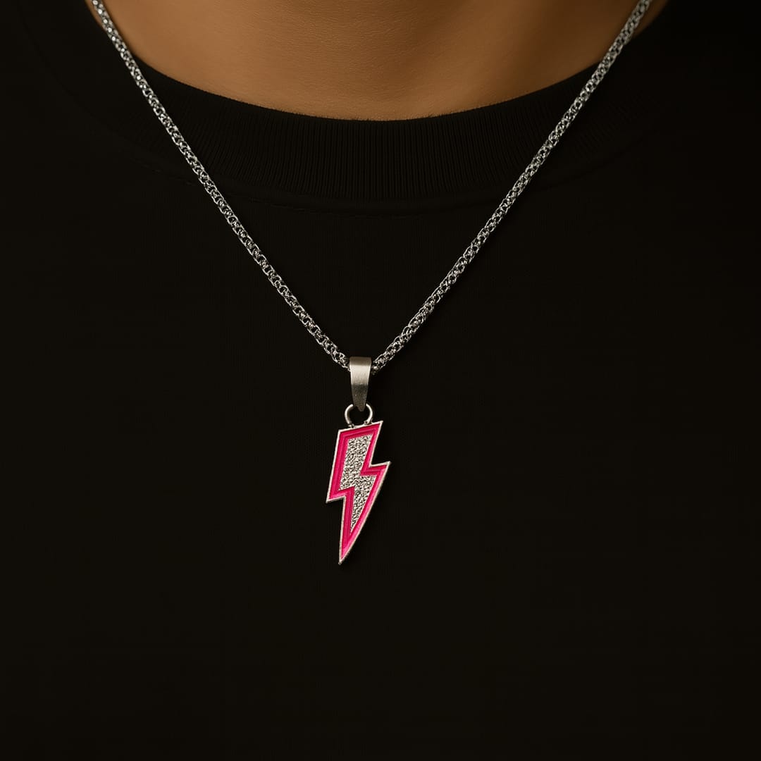 Unisex Lightning Bolt Pendant Necklace – Pink Enamel & Silver Chain – Hip Hop Fashion Jewelry