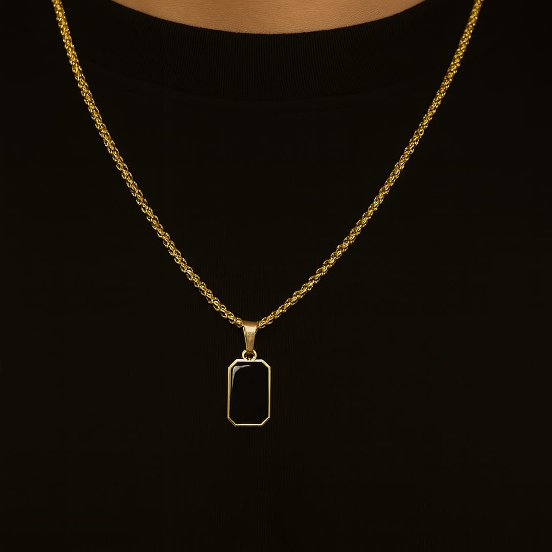 Men’s Gold Plated Black Stone Pendant Necklace | Hip Hop Style Jewelry Chain for Boys | Stylish & Trendy Gift