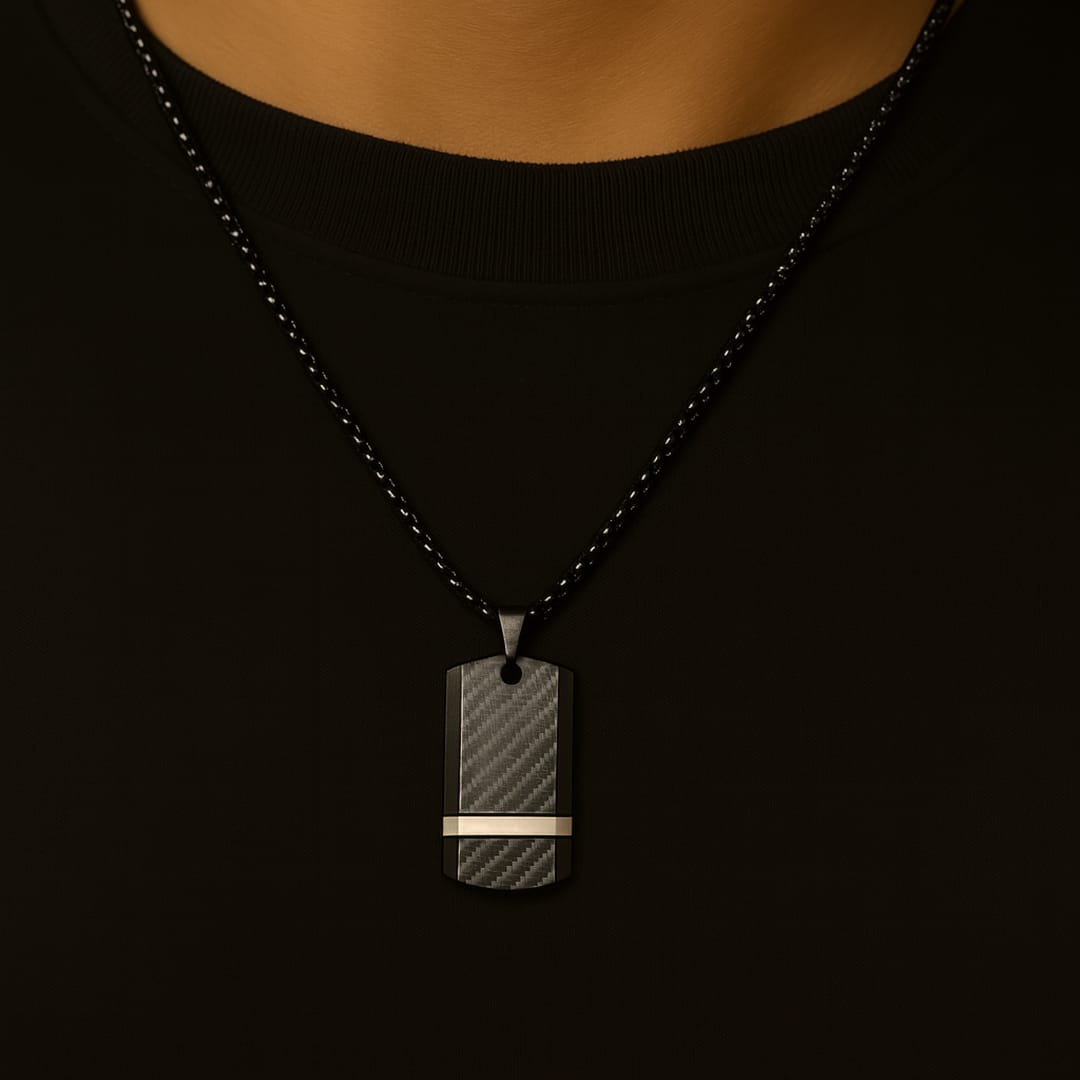Men’s Black Carbon Fiber Pendant – Stainless Steel Chain with Zircon Detailing | Fashion Necklace for Boys & Men